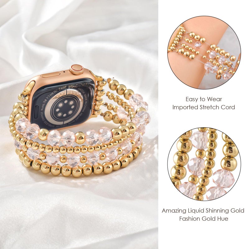 AIRSPO Gold Beaded Bracelets Compatible for Apple Watch Band 38mm 40mm 41mm 42mm 44mm 45mm Women, Fashion Handmade Dressy iPhone Watch Bands Elastic Strap for iWatch Series SE 8 7 6 5 4 3 2 1 (Pink Beads, 38mm/40mm/41mm-S(5.3"-6.2")) - Image 2