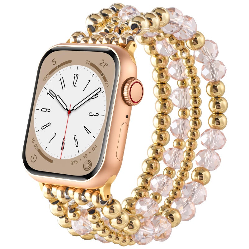 AIRSPO Gold Beaded Bracelets Compatible for Apple Watch Band 38mm 40mm 41mm 42mm 44mm 45mm Women, Fashion Handmade Dressy iPhone Watch Bands Elastic Strap for iWatch Series SE 8 7 6 5 4 3 2 1 (Pink Beads, 38mm/40mm/41mm-S(5.3"-6.2")) - Image 1