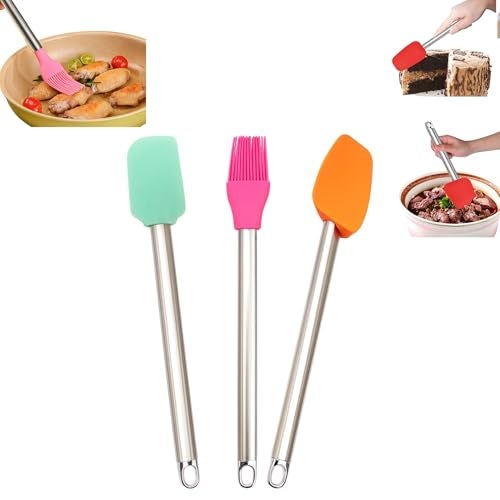 THW Silicone Spatula Pastry Oil Brush Set Heat Resistant and Non-Stick for Cooking, Baking and Mixing with Stainless Steel Handle - Image 1