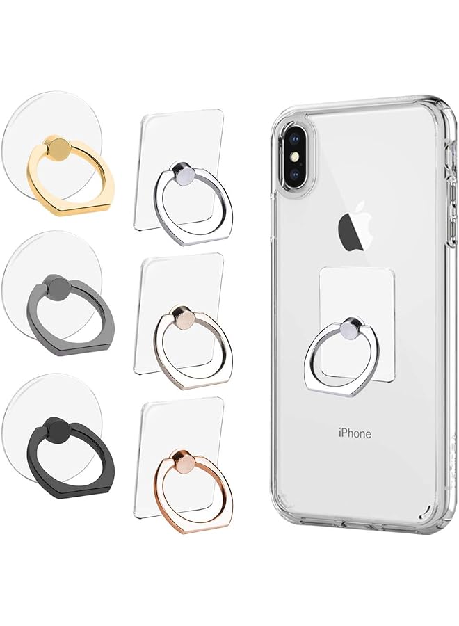 6pcs Transparent Cell Phone Ring Holder, 360 Degree Rotation Finger Ring Grip Kickstand Compatible for Various Mobile Phones Smartphones, 3 Square & 3 Round Shape