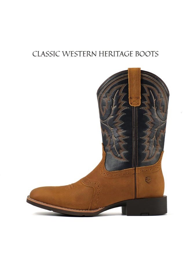 SUREWAY Western Boots For Men - Mens Square Toe Cowboy Boot,Oil/Slip Resistant,Durable Fashionable Classic Pull on 10 Inch Wellington Boots - Soft Toe Work Boots, Status Brown, 9 - Image 3