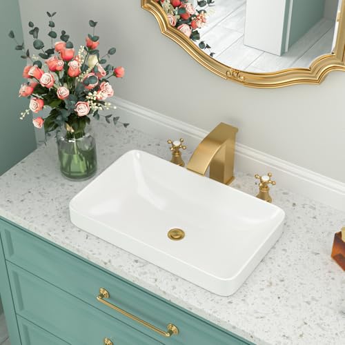 Beslend Vessel SinkBeslend Bathroom Semi Recessed Sinks 19x12 Rectangular White Ceramic Modern Vessel Sinks Bath Wash Sink Bowl Vanity Sink Above Counter Basin - Image 1