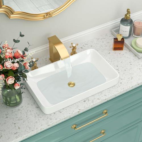 Beslend Vessel SinkBeslend Bathroom Semi Recessed Sinks 19x12 Rectangular White Ceramic Modern Vessel Sinks Bath Wash Sink Bowl Vanity Sink Above Counter Basin - Image 3