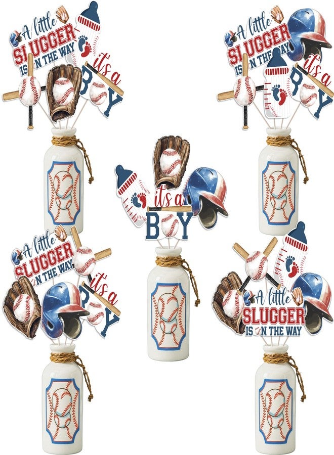 Cheereveal ديكورات حفل استقبال مولود جديد من Cheereveal بتصميم بيسبول للأولاد، قطعة مركزية من فيلم Little Slugger is On The Way، ديكورات طاولة بتصميم بيسبول، لوازم حفلات الكشف عن جنس المولود بأعياد الميلاد بتصميم رياضي - Image 1