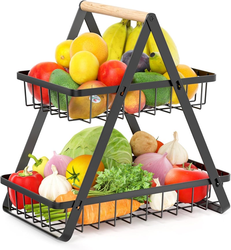 Zipron 2 Tier Fruit Basket, Upgraded Fruit Bowl, Detachable Metal Fruit Holder Vegetable Basket for Kitchen Counter, Large Capacity Fruit Storage Stand Organizer for Produce Bread Snack, Black - Image 1