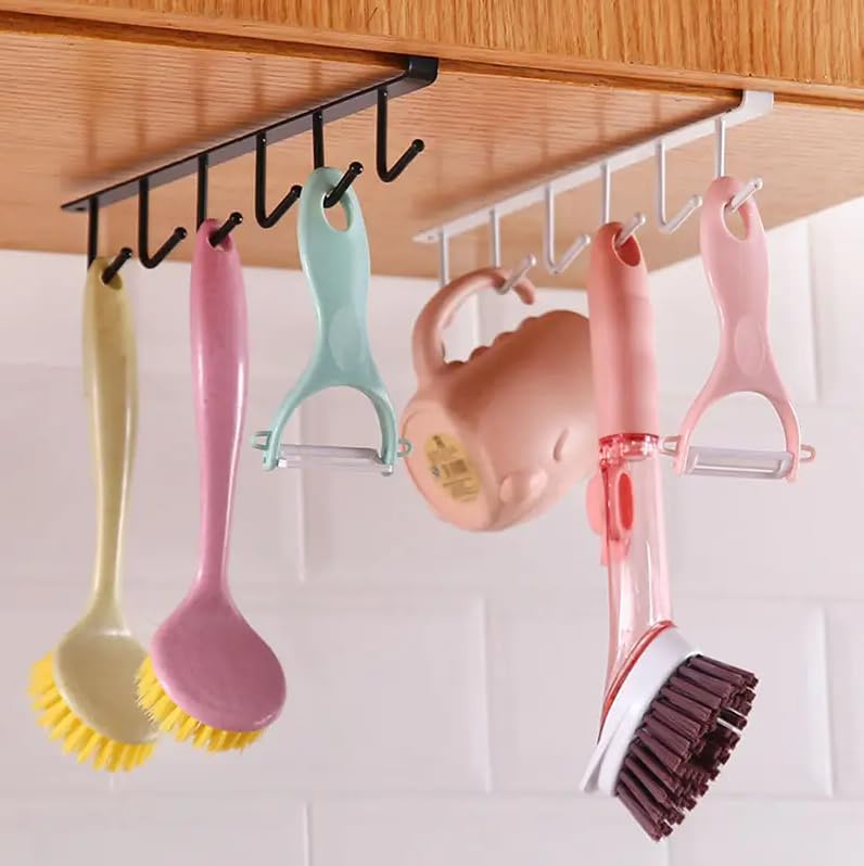Stavae Stavae Stainless Steel 6 Hook Under Shelf Cabinet Rack for Coffee Cup Mug Wine Glass Tie Hooks Keys Hooks Hanging Belts Scarf Organizer Kitchen Utensils Holder Rack Nail Free 2 Black  - Image 2