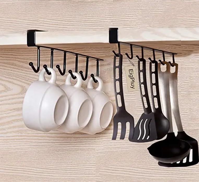 Stavae Stavae Stainless Steel 6 Hook Under Shelf Cabinet Rack for Coffee Cup Mug Wine Glass Tie Hooks Keys Hooks Hanging Belts Scarf Organizer Kitchen Utensils Holder Rack Nail Free 2 Black  - Image 3