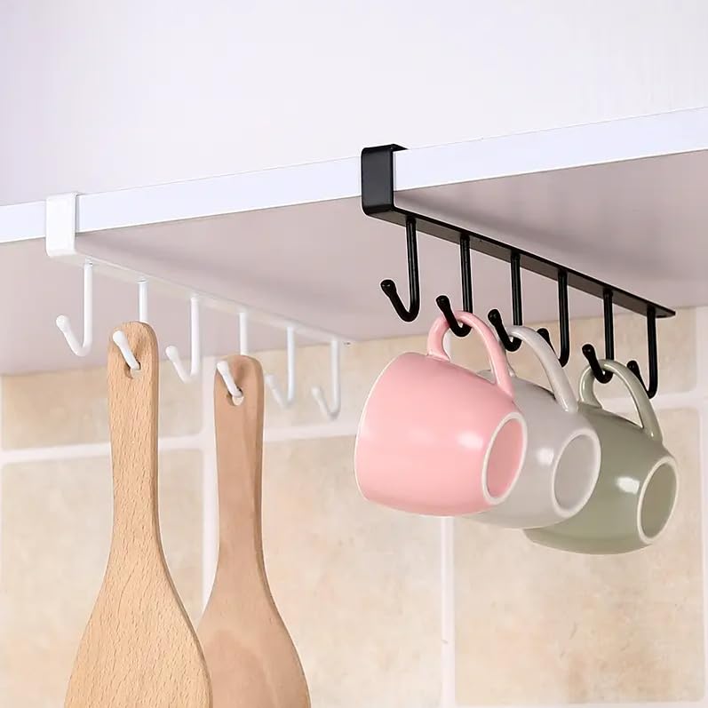 Stavae Stavae Stainless Steel 6 Hook Under Shelf Cabinet Rack for Coffee Cup Mug Wine Glass Tie Hooks Keys Hooks Hanging Belts Scarf Organizer Kitchen Utensils Holder Rack Nail Free 2 Black  - Image 4