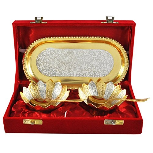 JAIPUR ACE German Floral Gold and Silver Plated Bowl with Tray Set Includes -1 Tray, 2 Bowls (150 ml), 2 Spoons | katori chammach | Serving Bowl | Snack Bowl (Pack of 1) - Image 2