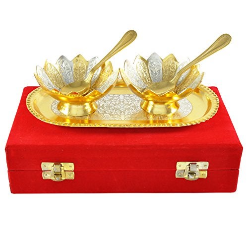 JAIPUR ACE German Floral Gold and Silver Plated Bowl with Tray Set Includes -1 Tray, 2 Bowls (150 ml), 2 Spoons | katori chammach | Serving Bowl | Snack Bowl (Pack of 1) - Image 1
