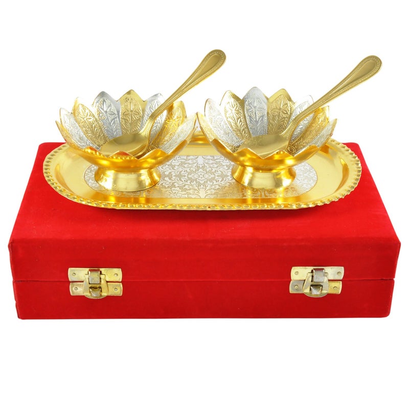 JAIPUR ACE German Floral Gold and Silver Plated Bowl with Tray Set Includes -1 Tray, 2 Bowls (150 ml), 2 Spoons | katori chammach | Serving Bowl | Snack Bowl (Pack of 1) - Image 4