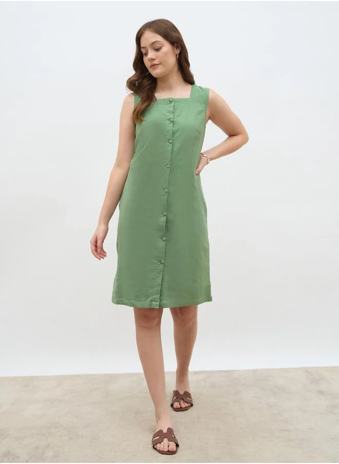 ستايلي Styli Women Green Solid Sleeveless Shirt Knee-Length Dress