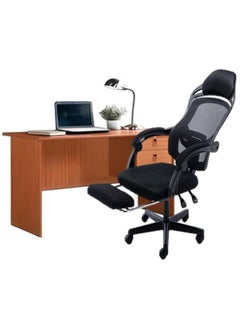 AL WADI FURNITURE AL WADI FURNITURE Compact Lockable Cherry Color Office Table with Relaxing Comfortable Reclining Height and Back Adjustable Ergonomic Mesh Back Office Chair with Footrest Black  - Image 1