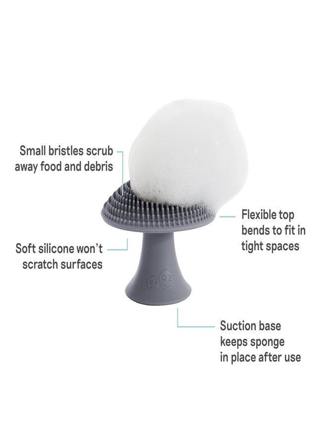 ezpz Mushroom Sponge (Gray) - Odor-Resistant Kitchen Sponge with Soft Bristles, Non-Slip Handle, Suction Base - Gently Cleans Pans, Dishes and Feeding Gear - Image 2