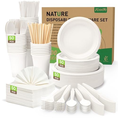 FEHHTO Bagasse 400PCS Compostable Solid Paper Plates Set, Disposable Eco-Friendly Dinnerware Set, Biodegradable Heavy-Duty Paper Plates, Utensils, Cups And Straws For Party Camping 50 (White) - Image 1
