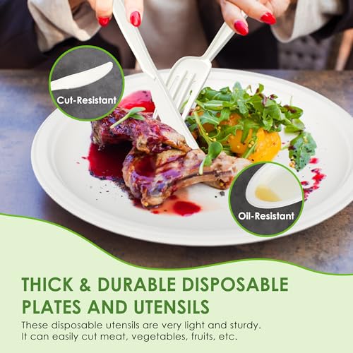 FEHHTO Bagasse 400PCS Compostable Solid Paper Plates Set, Disposable Eco-Friendly Dinnerware Set, Biodegradable Heavy-Duty Paper Plates, Utensils, Cups And Straws For Party Camping 50 (White) - Image 4