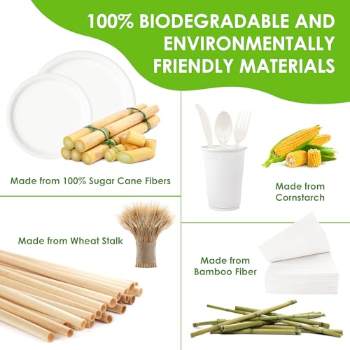 FEHHTO Bagasse 400PCS Compostable Solid Paper Plates Set, Disposable Eco-Friendly Dinnerware Set, Biodegradable Heavy-Duty Paper Plates, Utensils, Cups And Straws For Party Camping 50 (White) - Image 3