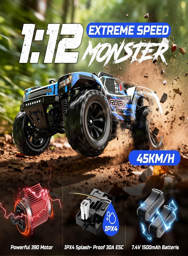 DEERC 1:12 Fast RC Cars 45KPH, 4WD High Speed Short Course RC Truck, Off-Road All Terrain Remote Control Car with 2 Rechargeable Batteries & Spare Tire, 2.4GHz Fast RC Cars for Adults Kids Boys Gift - Image 2