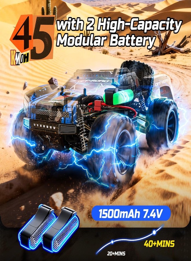 DEERC 1:12 Fast RC Cars 45KPH, 4WD High Speed Short Course RC Truck, Off-Road All Terrain Remote Control Car with 2 Rechargeable Batteries & Spare Tire, 2.4GHz Fast RC Cars for Adults Kids Boys Gift - Image 4