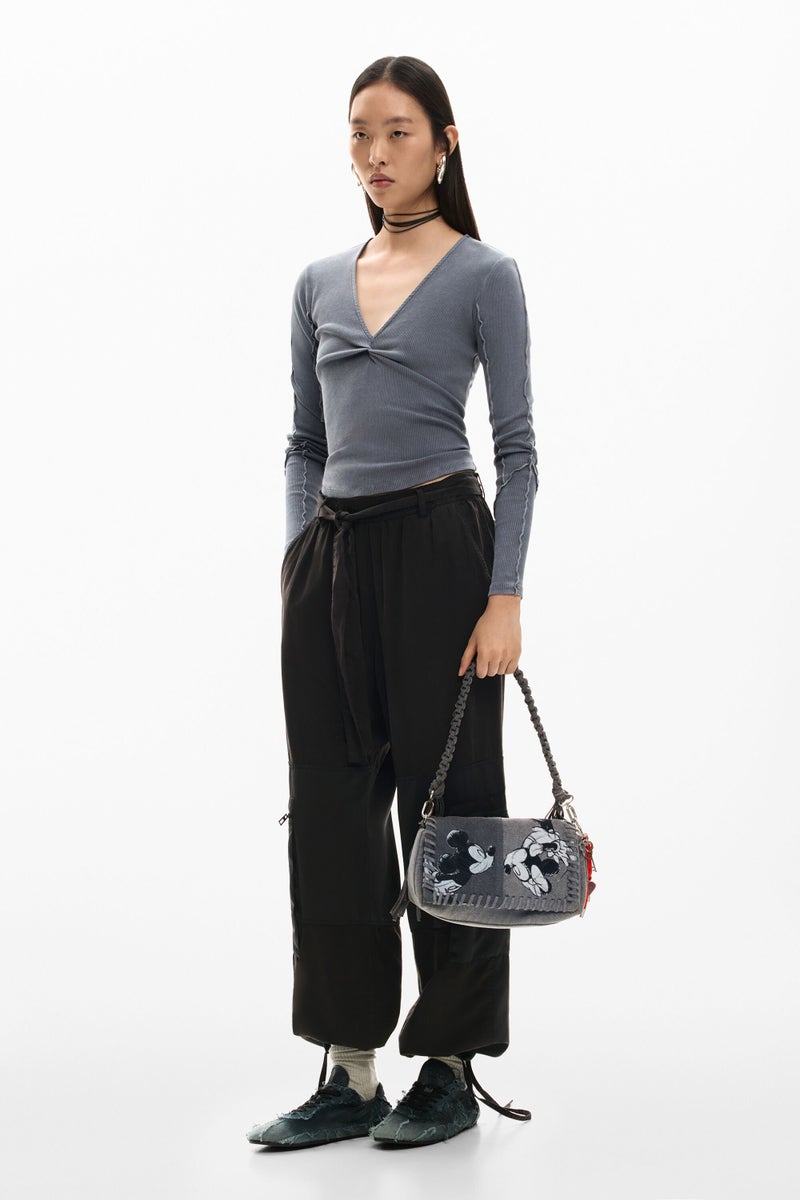 DESIGUAL Medium denim fabric bag with Mickey Mouse™ embroidery - Image 2