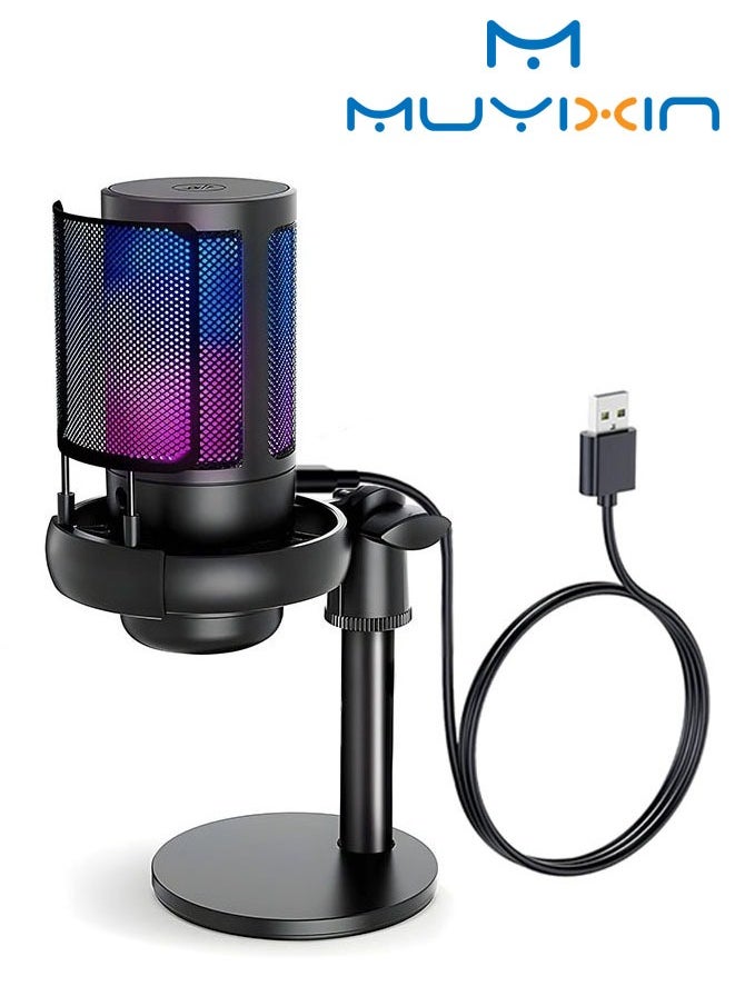Muyixin Gaming USB Microphone for PC/PS5 with Quick Mute RGB Light Pop Filter Shock Mount Gain knob & Monitoring Jack, Podcast Microphone for Streaming Twitch/Discord/YouTube - Black  - Image 1