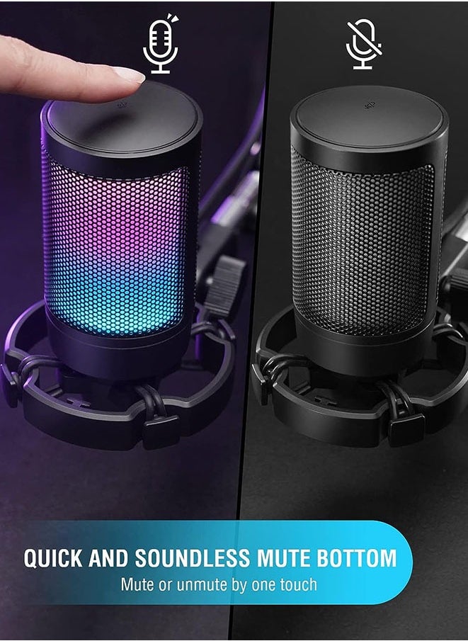 Muyixin Gaming USB Microphone for PC/PS5 with Quick Mute RGB Light Pop Filter Shock Mount Gain knob & Monitoring Jack, Podcast Microphone for Streaming Twitch/Discord/YouTube - Black  - Image 4