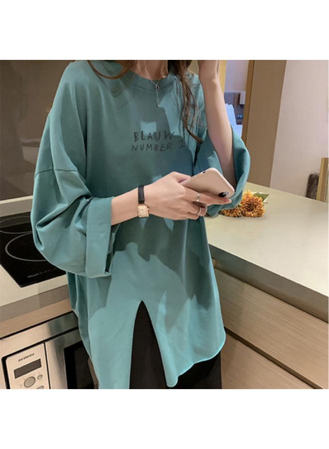 Mid-length Large Size Letter Printing Long Sleeve T-shirt Women's Autumn Loose Split Base Shirt Autumn And Winter Korean Women's 