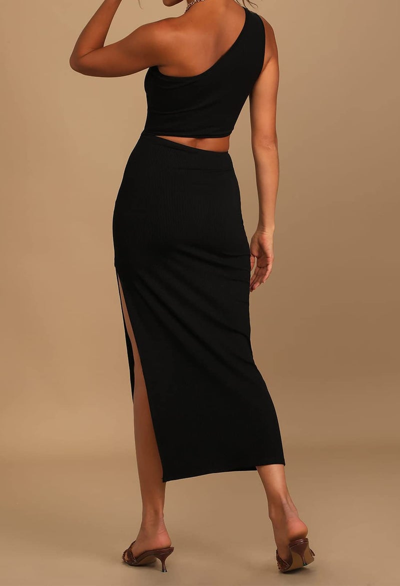 Pink Queen Women's Summer One Shoulder Sleeveless Cutout Side Slit Bodycon Midi Long Party Dress Black S - Image 3