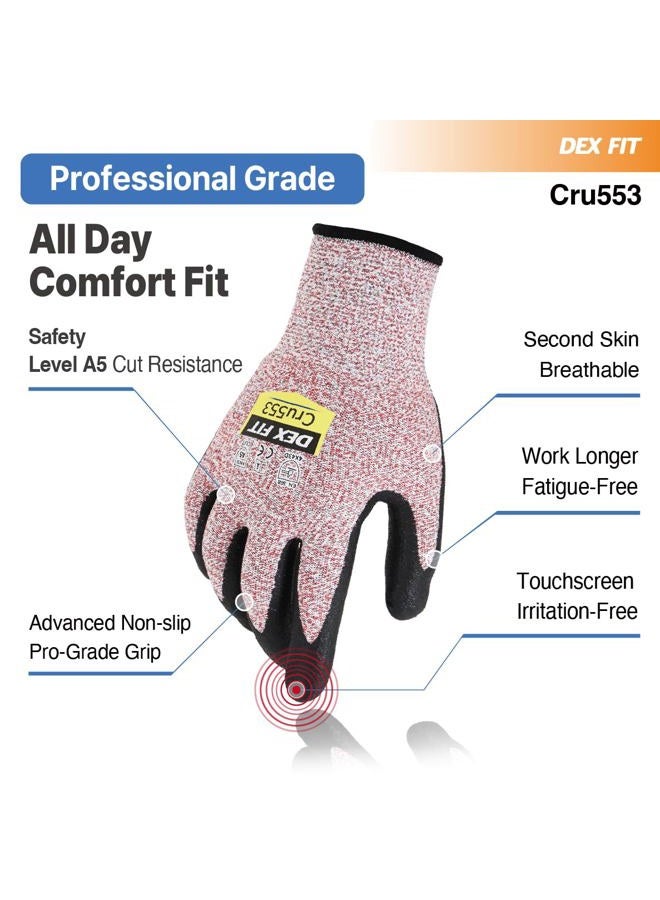 DEX FIT قفازات مقاومة للقطع من المستوى 5 Cru553، تصميم مريح ثلاثي الأبعاد، قبضة قوية، رقيقة وخفيفة الوزن، متوافقة مع شاشة اللمس، متينة، قابلة للتنفس وباردة، قابلة للغسل في الغسالة؛ أحمر M (8) 1 زوج - Image 4