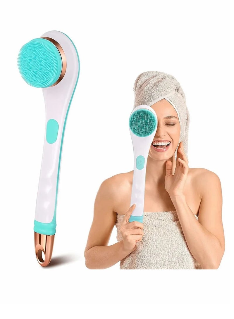Electric Shower Brush Rechargeable Rotating Long Handle Back Scrubber Suitable for Body Cleansing Exfoliation Waterproof and Non-Slip with 4 Types of Heads (Blue) - Image 1