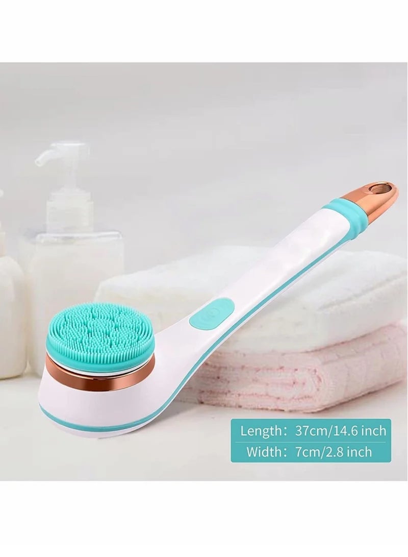 Electric Shower Brush Rechargeable Rotating Long Handle Back Scrubber Suitable for Body Cleansing Exfoliation Waterproof and Non-Slip with 4 Types of Heads (Blue) - Image 2