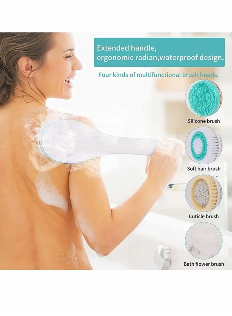 Electric Shower Brush Rechargeable Rotating Long Handle Back Scrubber Suitable for Body Cleansing Exfoliation Waterproof and Non-Slip with 4 Types of Heads (Blue) - Image 5