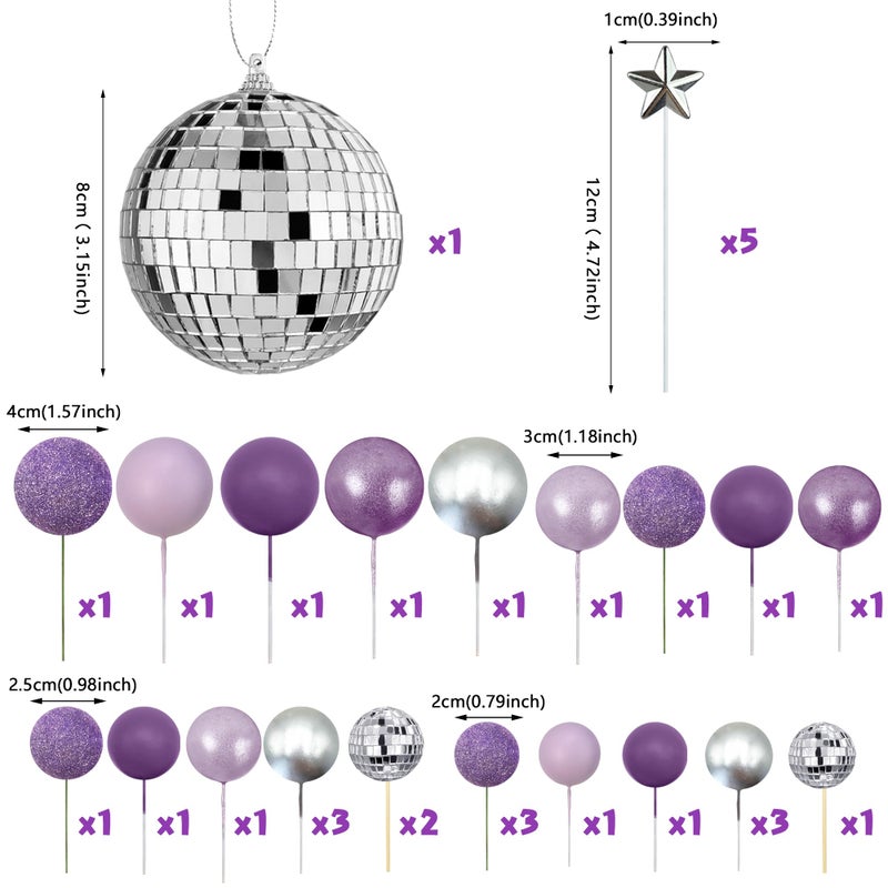 RASSLISA 32PCS Disco Purple Ball Cake Topper Decoration for Wedding Birthday Baby Shower Party Cake Decoration Supplies - Image 2