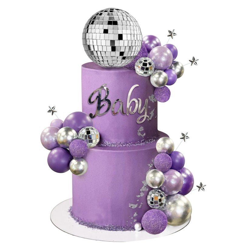 RASSLISA 32PCS Disco Purple Ball Cake Topper Decoration for Wedding Birthday Baby Shower Party Cake Decoration Supplies - Image 1