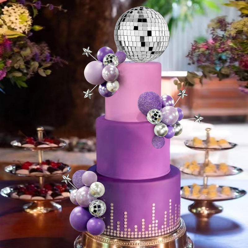 RASSLISA 32PCS Disco Purple Ball Cake Topper Decoration for Wedding Birthday Baby Shower Party Cake Decoration Supplies - Image 3