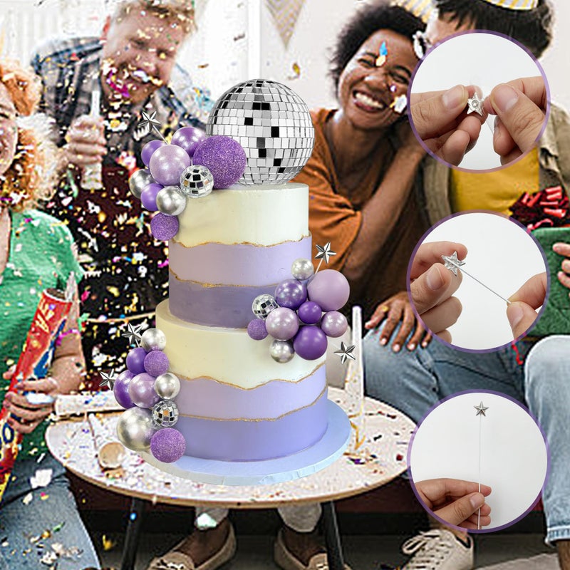 RASSLISA 32PCS Disco Purple Ball Cake Topper Decoration for Wedding Birthday Baby Shower Party Cake Decoration Supplies - Image 4