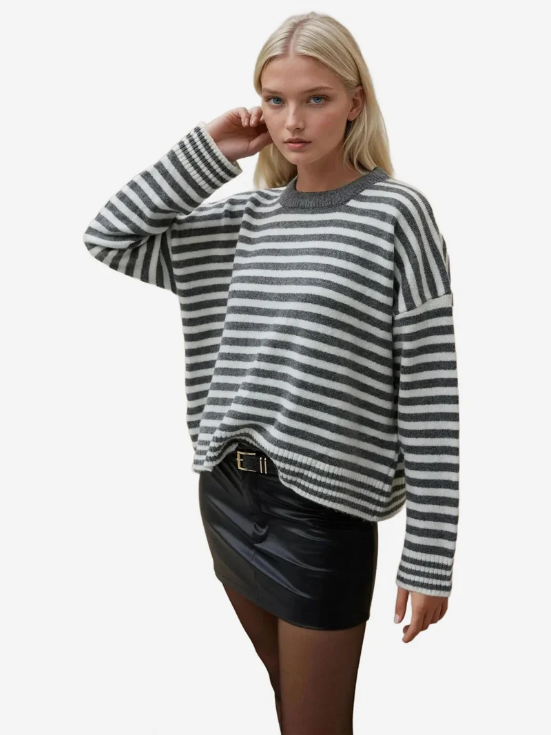 HICCUP Oversized Striped Crew Neck Soft Touch Sweater