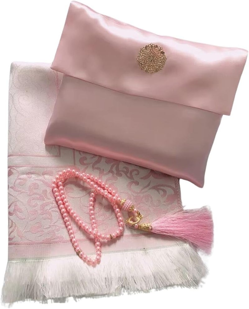 Home Smart Prayer Mat with Prayer Beads and Storage Pouch Portable Mat for Travel Ramadan Ideal Gift for Men and Women (Pink) - Image 1