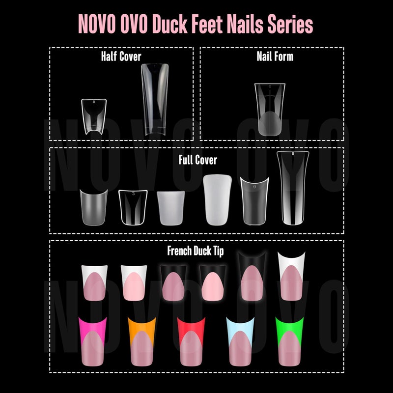 NOVO OVO Duck Nail Tips Extra Short Full Cover Press on, Pre-etched for Acrylic Design, Clear Pre-applied Tip Primer Soft Gel Y2K Flare Fake False Nail Extension Full Coverage x 12 Sizes 120 pcs - Image 2