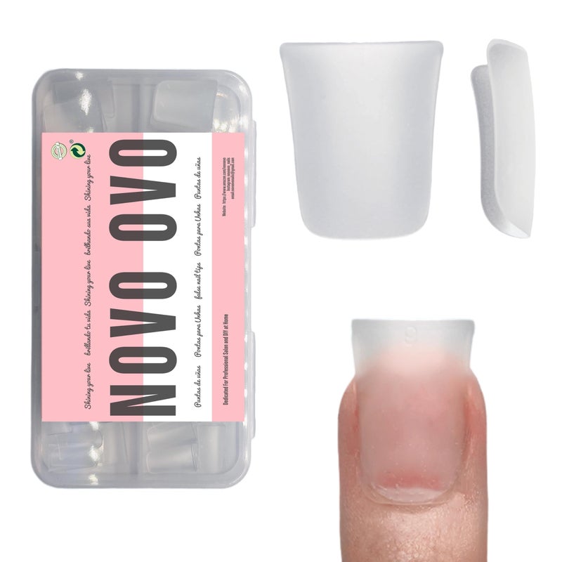 NOVO OVO Duck Nail Tips Extra Short Full Cover Press on, Pre-etched for Acrylic Design, Clear Pre-applied Tip Primer Soft Gel Y2K Flare Fake False Nail Extension Full Coverage x 12 Sizes 120 pcs - Image 1