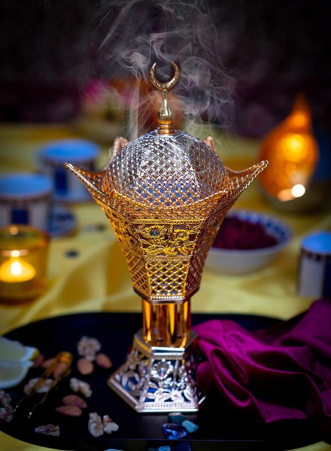 AM Bakhoor Charcoal Incense Burner â€“ Luxury Gold Frankincense Resin Burner for Oud, Bakhoor, Incense Sticks & Cones â€“ Decorative Metal Holder with Removable Lid & Safe Flame Control (Gold) - Image 2