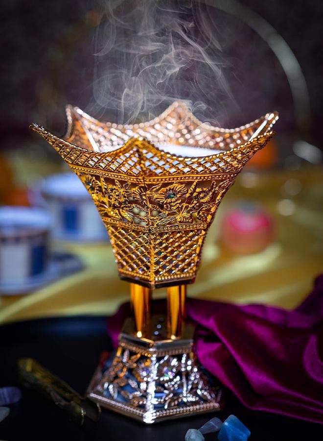 AM Bakhoor Charcoal Incense Burner â€“ Luxury Gold Frankincense Resin Burner for Oud, Bakhoor, Incense Sticks & Cones â€“ Decorative Metal Holder with Removable Lid & Safe Flame Control (Gold) - Image 3