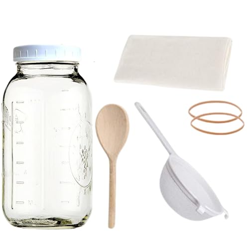Jarming Collections Complete Kefir Starter Kit/Kombucha Fermentor Kit-1 Mason Jar Wide Mouth-Plastic Storage Lid - HIC(4 Inch) Nylon Mesh Strainer-Cotton Cloth Cover and Wood Spoon (Half Gallon) - Image 1