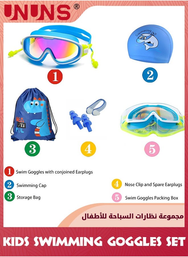 UNUNS Swimming Goggles Kids Set,Leak-Proof Swimming Goggles With Swim Cap,Waterproof Ear Plugs With Nose Clip And Swimming Bag,Anti-Fog Wide View Clear Goggles For Boys Girls 3-15,Blue Dolphin  - Image 4