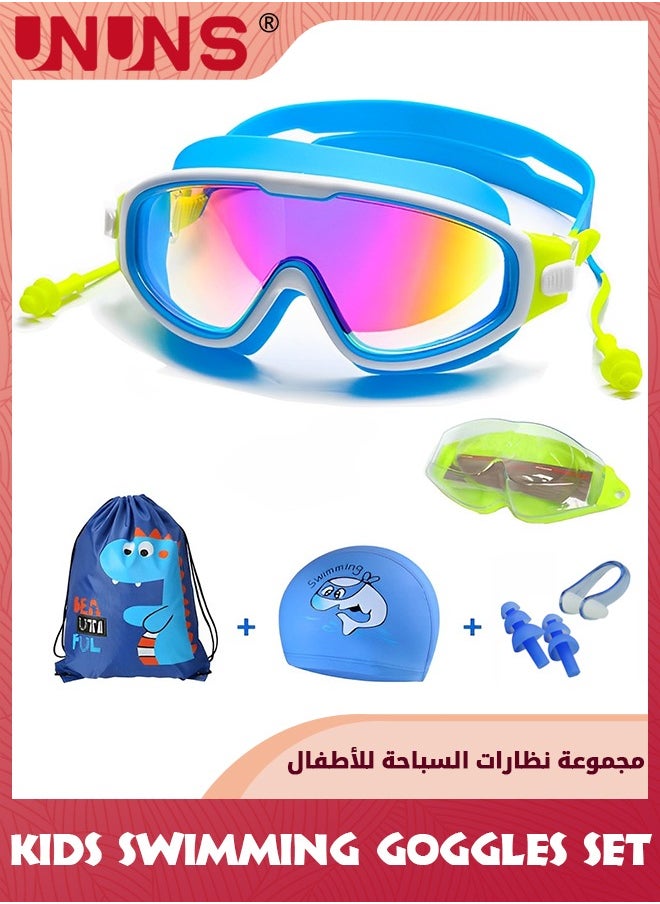 UNUNS Swimming Goggles Kids Set,Leak-Proof Swimming Goggles With Swim Cap,Waterproof Ear Plugs With Nose Clip And Swimming Bag,Anti-Fog Wide View Clear Goggles For Boys Girls 3-15,Blue Dolphin  - Image 1