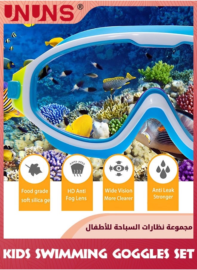 UNUNS Swimming Goggles Kids Set,Leak-Proof Swimming Goggles With Swim Cap,Waterproof Ear Plugs With Nose Clip And Swimming Bag,Anti-Fog Wide View Clear Goggles For Boys Girls 3-15,Blue Dolphin  - Image 2