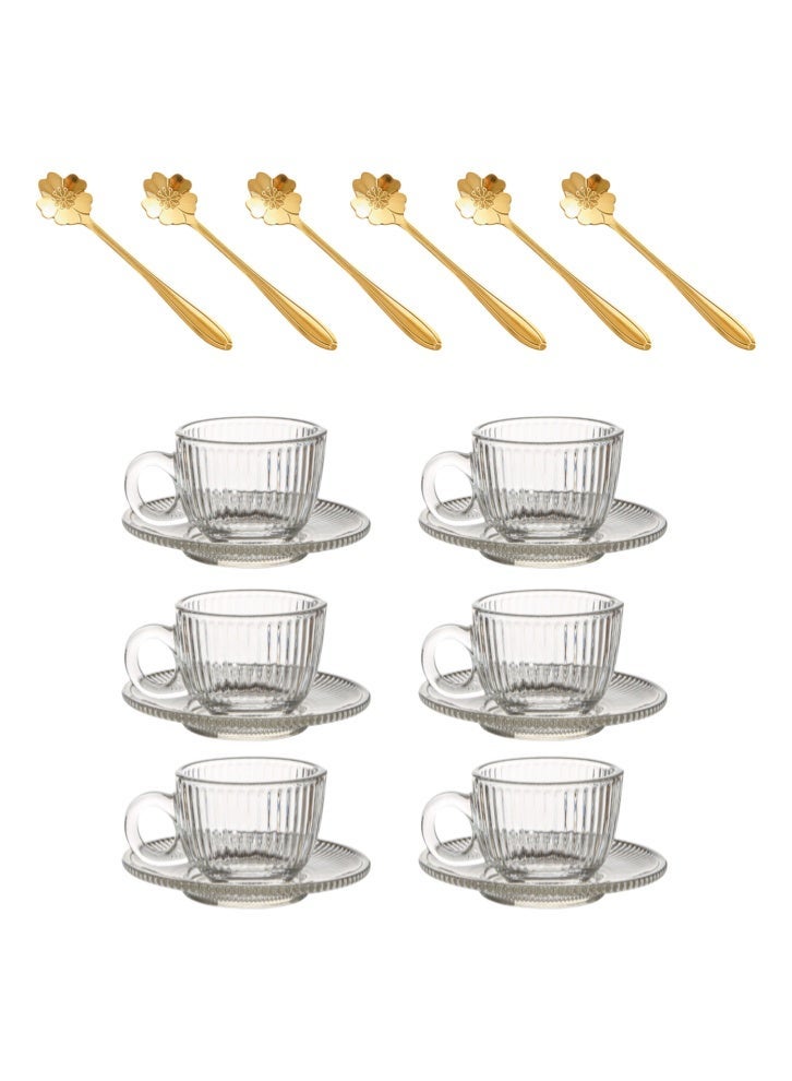 kangchoice 6-Set Glass Coffee Mug with Saucer & Spoon, Clear Espresso Cups with Handles, Glass Coffee Cups for Latte, Cappuccino, Mocha, Hot Chocolate, Tea, Juice, Beverage 80ML/Striped Pattern - Image 1