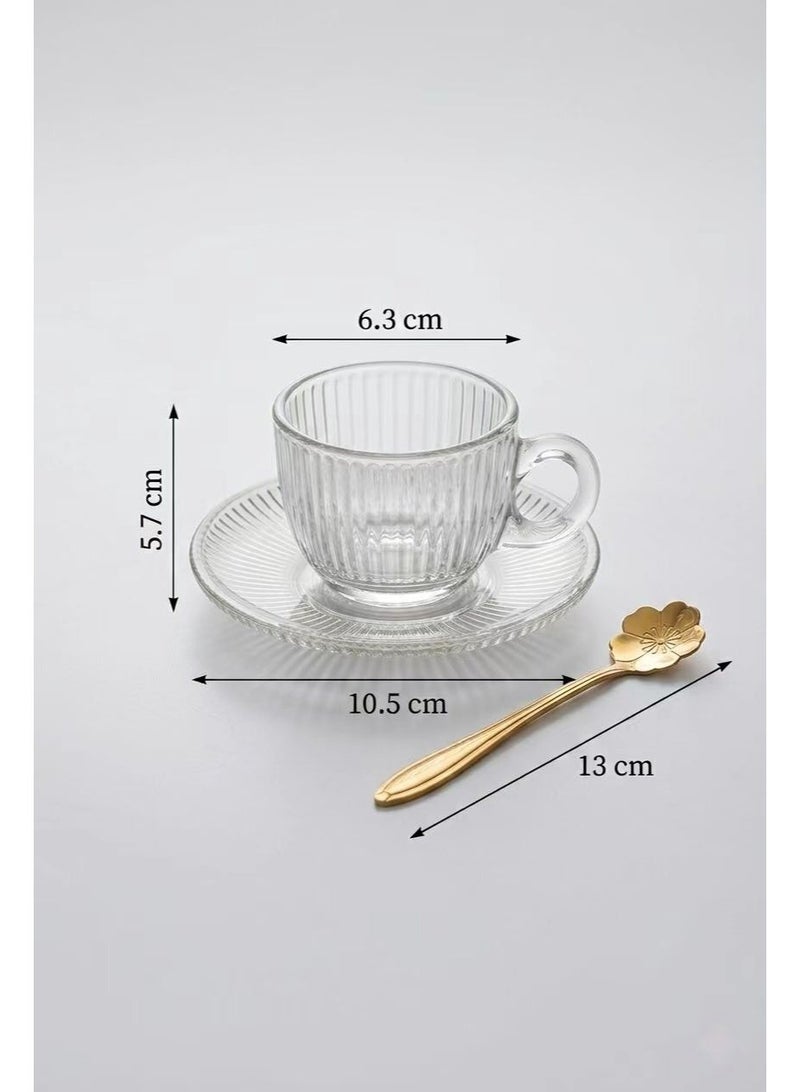 kangchoice 6-Set Glass Coffee Mug with Saucer & Spoon, Clear Espresso Cups with Handles, Glass Coffee Cups for Latte, Cappuccino, Mocha, Hot Chocolate, Tea, Juice, Beverage 80ML/Striped Pattern - Image 4