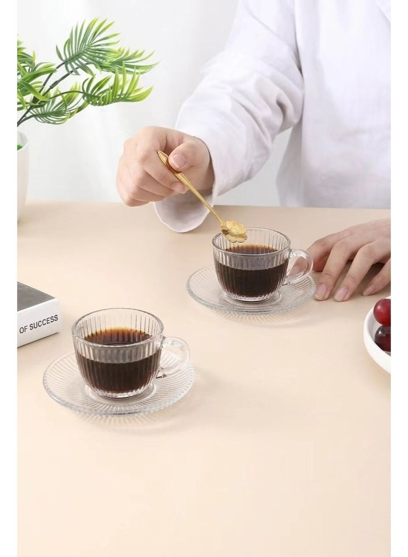 kangchoice 6-Set Glass Coffee Mug with Saucer & Spoon, Clear Espresso Cups with Handles, Glass Coffee Cups for Latte, Cappuccino, Mocha, Hot Chocolate, Tea, Juice, Beverage 80ML/Striped Pattern - Image 3