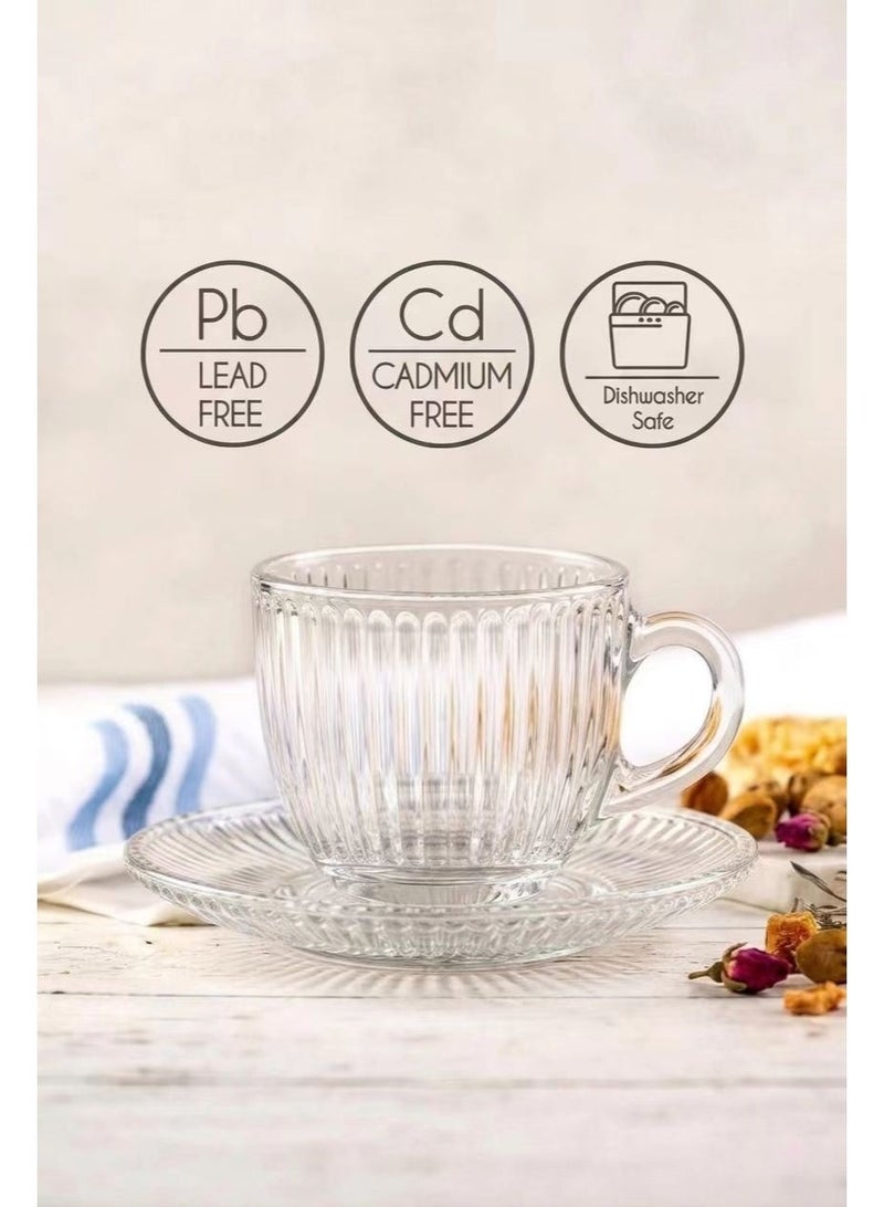 kangchoice 6-Set Glass Coffee Mug with Saucer & Spoon, Clear Espresso Cups with Handles, Glass Coffee Cups for Latte, Cappuccino, Mocha, Hot Chocolate, Tea, Juice, Beverage 80ML/Striped Pattern - Image 2